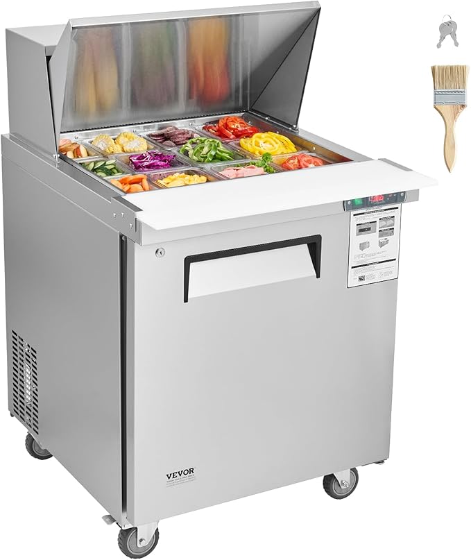 VEVOR 28" Commercial Refrigerator, 12 Pans Sandwich & Salad Prep Table, 7.4 Cu. Ft Stainless Steel Refrigerated Food Prep Station, Frost Free Mega Top Refrigerator for Restaurant, Food Truck, Bar