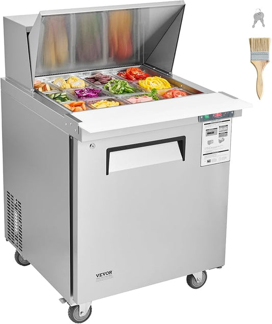 VEVOR 28" Commercial Refrigerator, 12 Pans Sandwich & Salad Prep Table, 7.4 Cu. Ft Stainless Steel Refrigerated Food Prep Station, Frost Free Mega Top Refrigerator for Restaurant, Food Truck, Bar