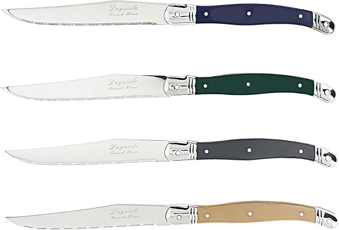 French Home Laguiole 4-Piece Steak Knife Set – Sophisticated Stainless Steel Dinner Knives with Earth Toned Handles & Iconic Bee Emblem – Serrated Knives for Smooth Cutting (9.25")