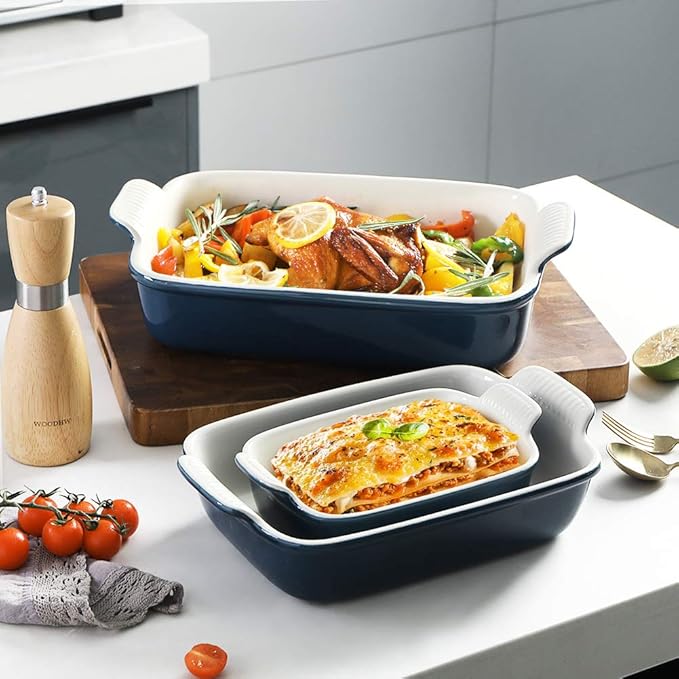 Sweejar Baking Pans Set, Ceramic 9x13 Baking Dish with Handle, Rectangular Casserole Dishes for Oven, Bakeware Sets of 3, Durable Lasagna Pan Deep for Kitchen, Banquet, Wedding Gift(Navy)