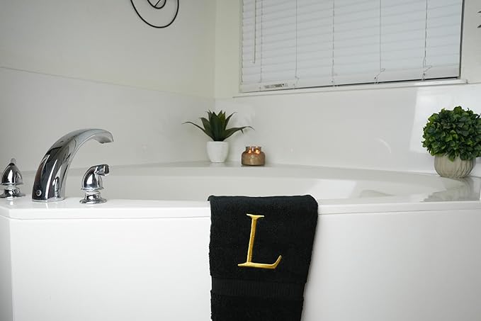 Black and Gold Bathroom Hand Towel - Monogrammed Luxury Hotel Quality Decorative Embroidered Towel for Powder Room, Spa - GOTS Organic Certified - Pack of 2, Letter L