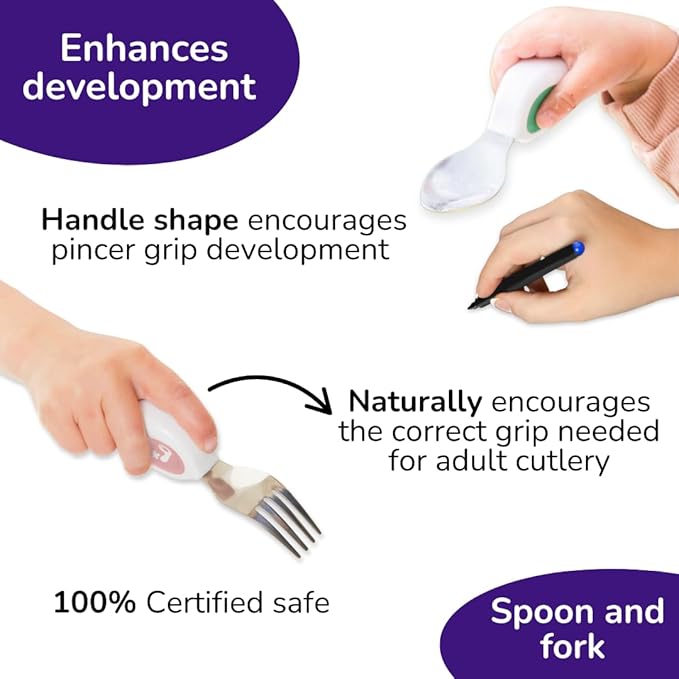 doddl Toddler Utensils, Ergonomic Fork and Spoon Set for Self Feeding, Stainless Steel Silverware for 1-3 Year Olds, BPA Free, Dishwasher Safe (Dusky Rose + Bowl)