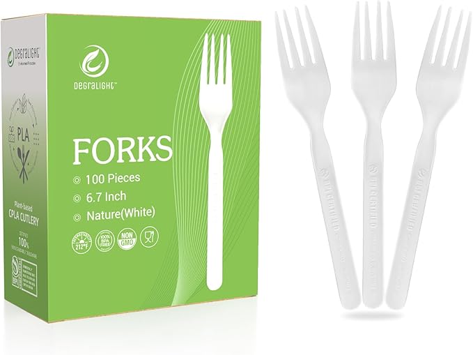 Compostable Froks [100Pcs] Heavy Duty Forks Disposable Utensils, BPA-Free, Heat Resistant, CPLA Disposable Forks, BPI Certified CPLA Disposable Cutlery for Party, Office & Picnic
