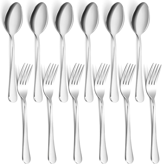 12 Pieces Spoons and Forks Set,Food Grade Stainless Steel Flatware Cutlery Set,6 Forks(6.8 inch) and 6 Spoons(6.6inch) Silverware Set for Home,Kitchen,Restaurant-Mirror Polished & Dishwasher Safe