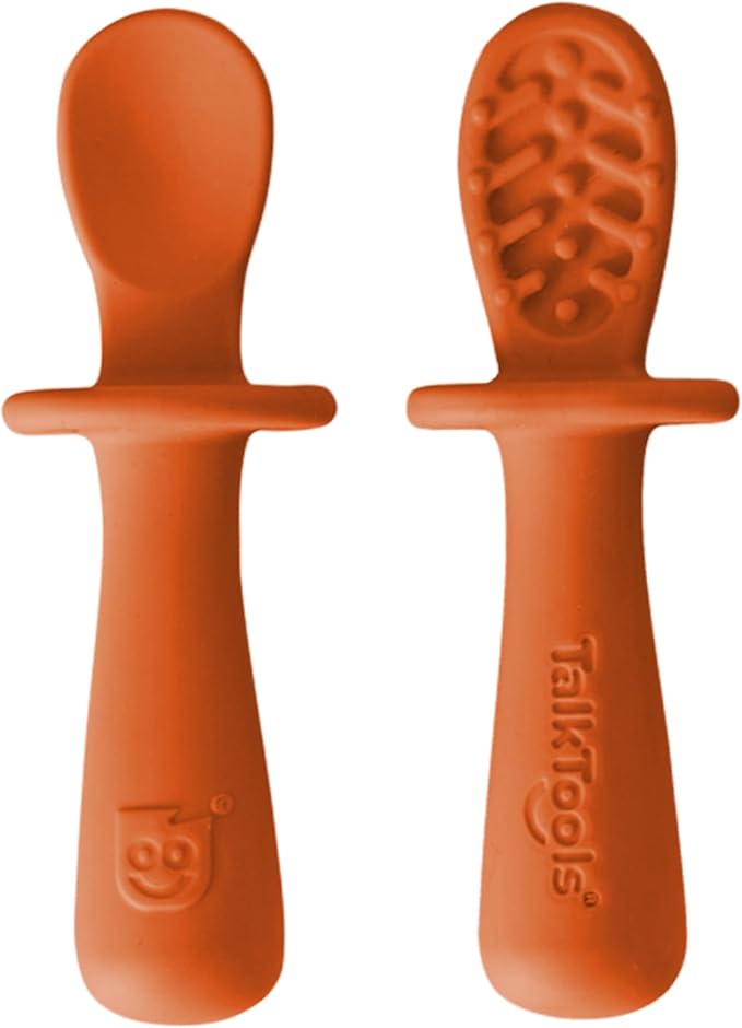 TalkTools ITSY Tiny Silicone Spoons – Twin Pack Soft Silicone Self-Feeding Training Spoons for Kids & Toddlers, Anti-Choking Flange Guard and Non-Slip Handle (Tangerine)