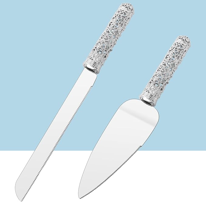 Wedding Silver Cake Knife and Server Set - 2 Pcs Dessert Set Metal Handle with Crystal Stones Decoration for Wedding, Anniversary Party Birthday Banquets,Gifts for Bride and Groom