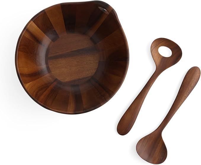Nambé Portables Collection Salad Bowl – 11” Acacia Wood Serving Bowl with Handle & Matching Servers – Elegant Tableware for Salads, Dining & Entertaining, Contemporary Natural Design
