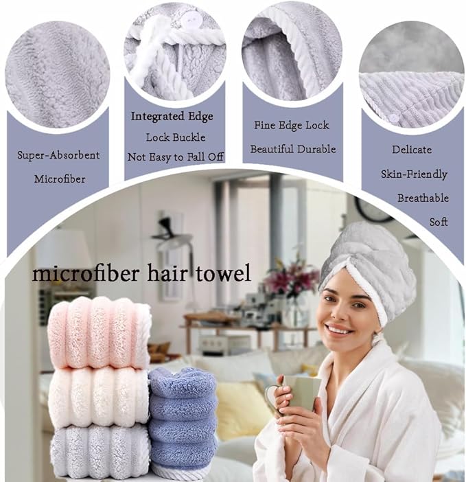 Microfiber Hair Towel Wrap, 2Pack Thickened Drying Hair Wraps Towels with Button. Super Absorbent Drying Hair Towel Wrap for Curly Hair, Anti Frizz Towel for Women. (Blue+Gray)