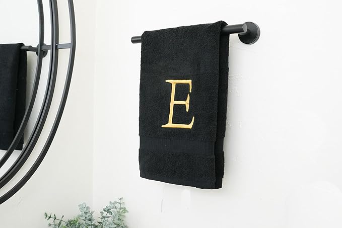 Black Monogram Hand Towel for Bathroom - Monogrammed Initial Hotel Quality Decorative Embroidered Luxury Towel for Powder Room, Spa - GOTS Organic Certified - Pack of 2, Letter E