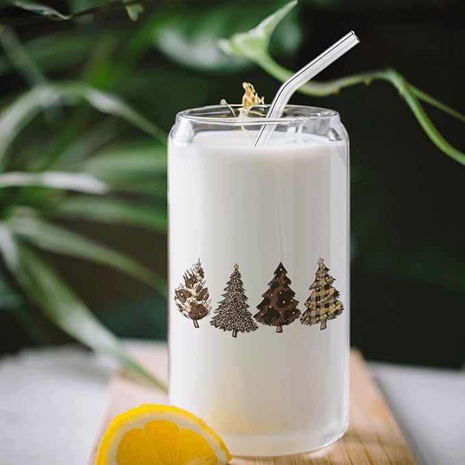 leopard Christmas Tree gifts Glass Coffee Cup With Lid And Straws 14oz - Merry Christmas Drinking Jar Gift For Women Kids Men,Glass Cup For leopard Xmas Decor