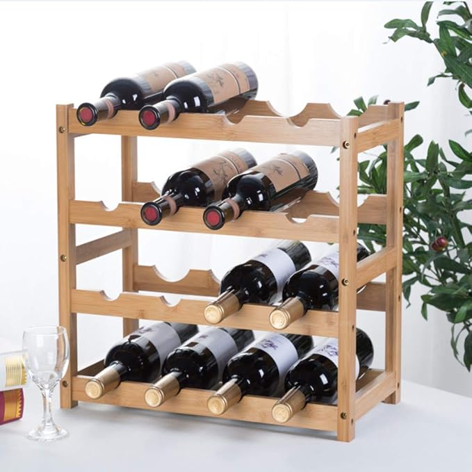 Wine Rack, Natural Bamboo Storage Rack Freestanding Countertop Stackable Display Shelf Wine Bottle Holder (4-Tiers 16-Bottles)