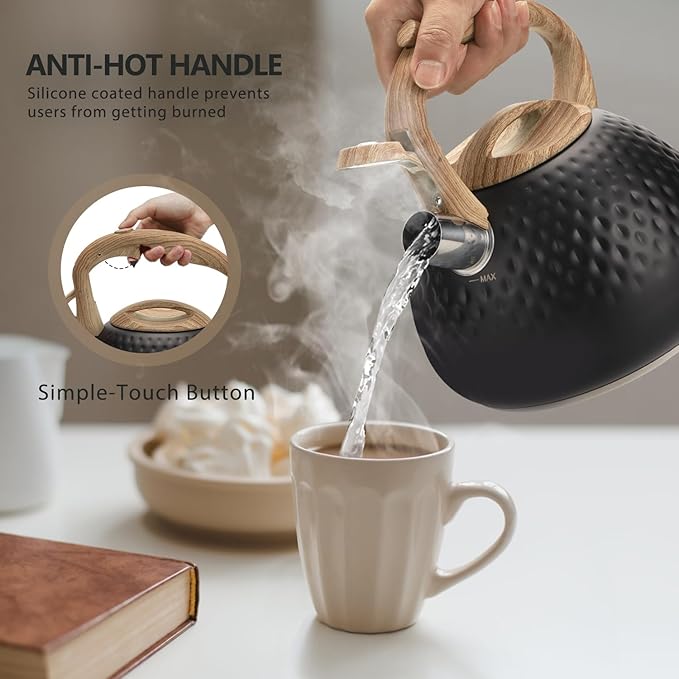 harriet Tea Kettle, Tea Pot for Stovetop, 2.5QT Whistling Kettle with 5-Layers bottom, Food Grade Stainless Steel Kettles with Hot-Resistant Handle Gas Electric Applicable, Black