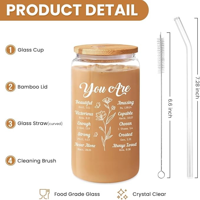 Christian Gifts for Women - Inspirational 16 Oz Can Glass Coffee Cup with Bamboo Lid & Straw - Religious Motivational Catholic Gifts for Womens Ladies