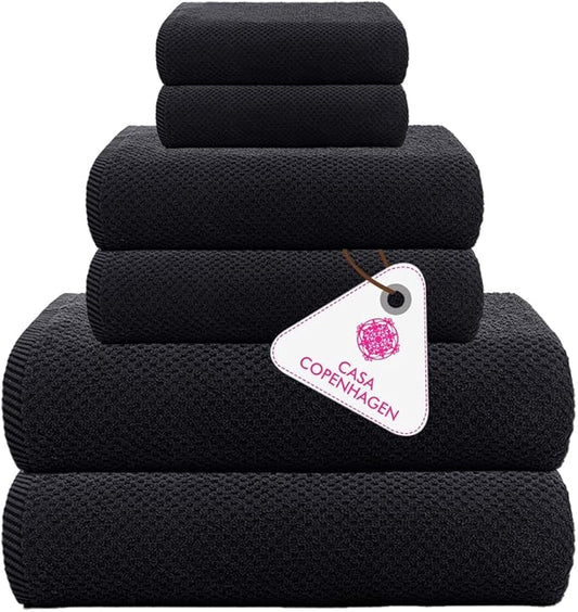 CASA COPENHAGEN Popcorn 6 Pieces Towel Set- Black, 600 GSM 2 Bath Towel 2 Hand Towel 2 Washcloth, Designed in Denmark Made of Soft Egyptian Cotton for Bathroom, Kitchen & Shower
