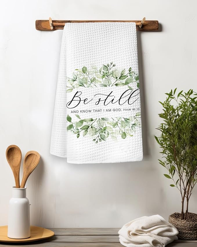 Sage Grenn Kitchen Towels,Christian Bible Verse Psalm 46:10 be Still Kitchen Towels,Christian Gifts,Hand Tea Towels for Home Kitchen Decor,Housewarming Gift 16×24
