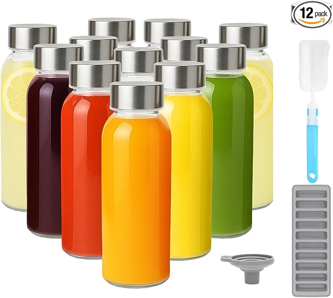 Zukro Glass Water Bottles with Lids 10.5 oz, 12 Pack Clear Reusable Glass Small Juice Bottles With Stainless Steel Cap for Juicing, Milk, Ginger Shot, BPA-Free Leak Proof 300ml Drinking Container Jar