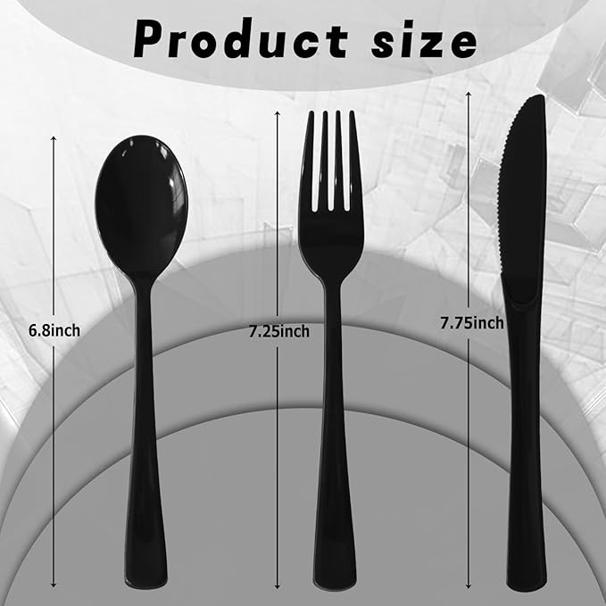 150 Pack Disposable Plastic Silverware, Heavy Duty Black Plastic Cutlery Set Includes 50 Forks 50 Knives 50 Spoons for Birthday Wedding Party Picnics (150, Black)