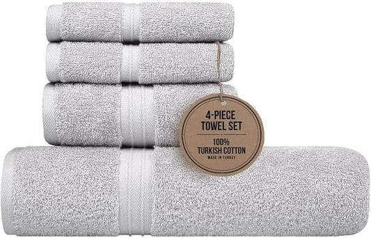 Luxury Bath Towels Set of 4 - Quick Dry & 100% Cotton 100% Cotton, Soft - Includes 1 Bath Towel (28" x 56"), 1 Hand Towel (16"x28") and 2 Washcloths (12"x12") - Silver Gray
