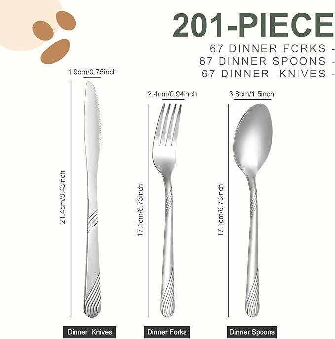 Minatee 201 Pcs Thin Silverware Set Stainless Steel Flatware Sets Service for 67 Silver Cutlery Set Serving Utensils Sits Includes Knife Fork Spoon for Kitchen Dinner Table