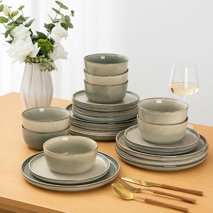 AmorArc Ceramic Dinnerware Sets,Round Reactive Glaze Stoneware Plates and Bowls Set,Highly Scratch Resistant | Dishwasher & Microwave Safe Dishes,Service for 6 (18pc)