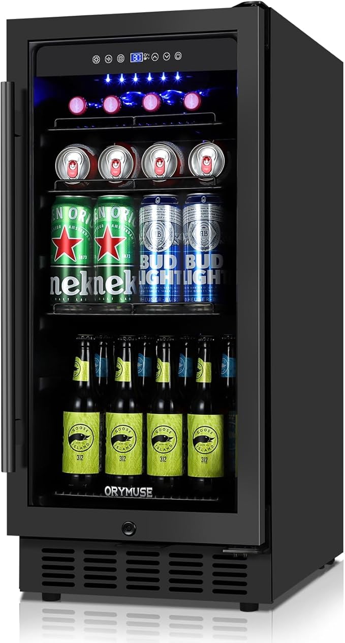 15 Inch Beverage Refrigerator, 130 Cans Drink Fridge with Glass Door & Lock, Upgraded Compressor, Low Noise, Built-in or Freestanding Cooler for Soda, Beer, Water, Black
