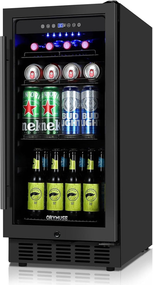 15 Inch Beverage Refrigerator, 130 Cans Drink Fridge with Glass Door & Lock, Upgraded Compressor, Low Noise, Built-in or Freestanding Cooler for Soda, Beer, Water, Black