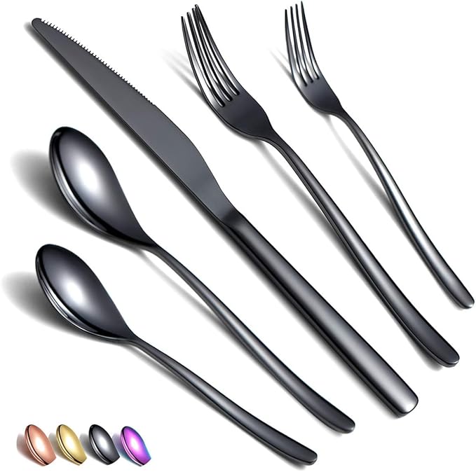 Stainless Steel Black Flatware Set - 20 Piece Service for 4, Titanium Plated Cutlery with Shiny Black Finish