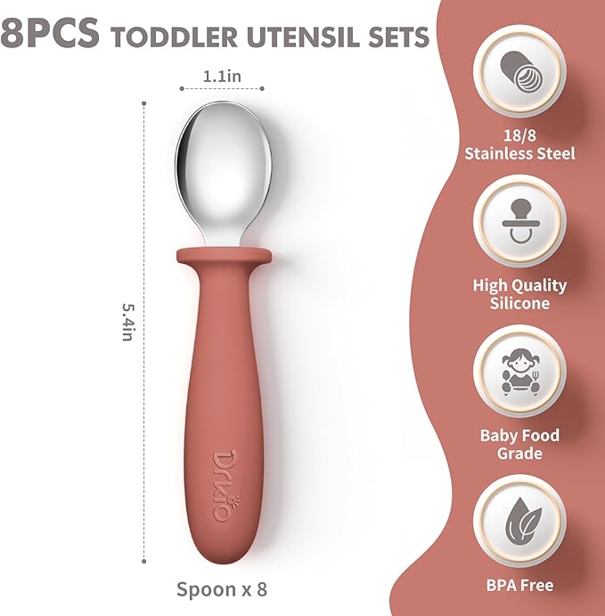 DRKIO 8 PCS Toddler Spoons Set - Baby Spoons with Silicone Handle Children safe 18/8 Stainless Steel Toddler Utensils Set for Self Feeding Kids Silverware Anti-Choke Design Food Grade Dishwasher Safe