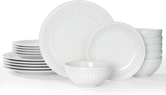 Famiware Garden Plates and Bowls Sets, 18-Piece Dishes Set for 6, Scratch Resistant Kitchen Dishes Dinnerware Set - Microwave and Dishwasher Safe, Reactive Glaze and Embossed Stoneware, White