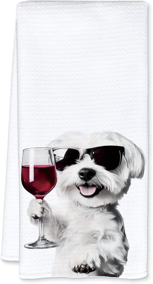 Funny Maltese Dog Kitchen Towels, Maltese Gifts Dish Tea Towels for Home Bar Kitchen, Dog Lovers Gifts, Wine Lover Gifts, Funny Hand Towels for Bathroom, 16x24 Inch