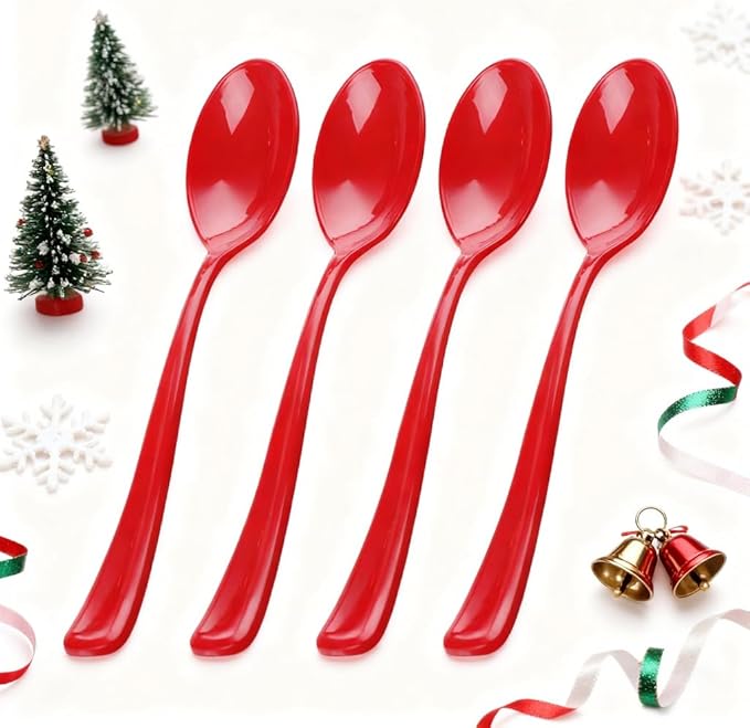 WDF 100 Pack Christmas Plastic Spoons - 6.9 Inch Heavy Duty Red Disposable Plastic Spoons, Modern Red Disposable Spoons Perfect for Christmas