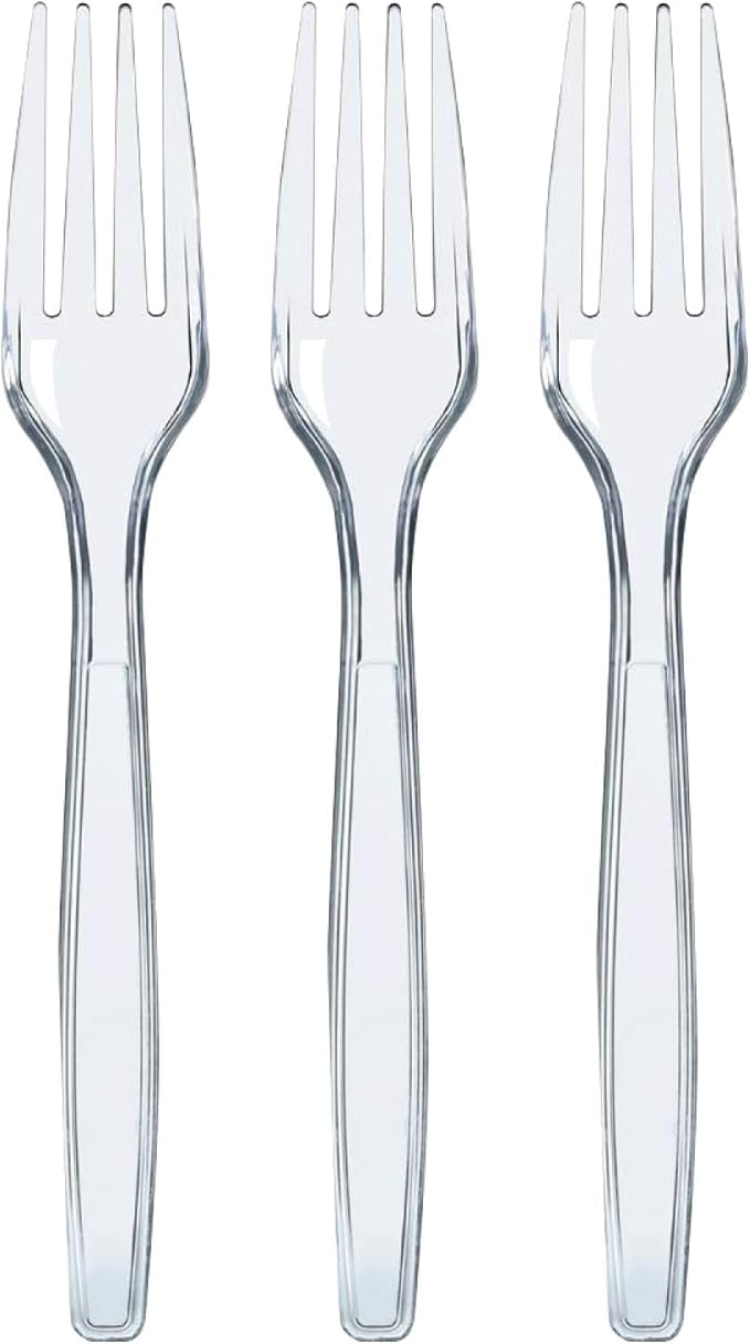 Prestee 100 Count Plastic Forks - Heavy Duty Forks Disposable for Parties, Events, and Catering - Crystal Clear Silverware and Durable Plastic Utensils Flatware Set for Weddings and Celebrations