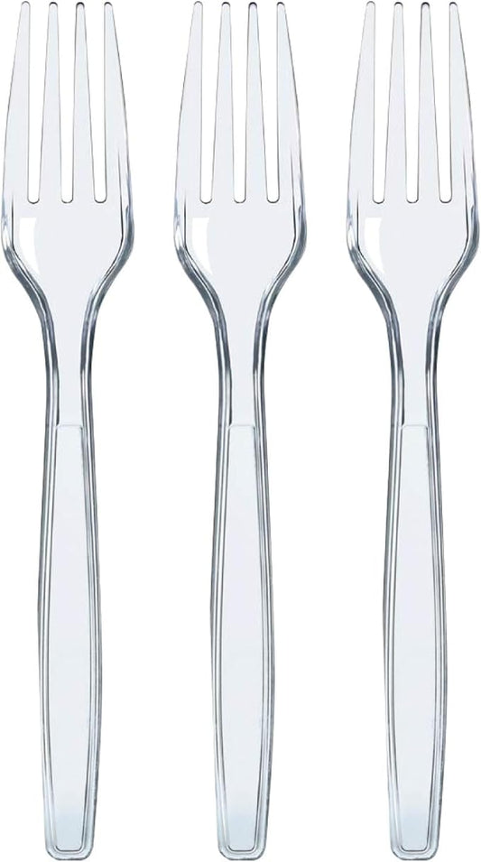 Prestee 100 Count Plastic Forks - Heavy Duty Forks Disposable for Parties, Events, and Catering - Crystal Clear Silverware and Durable Plastic Utensils Flatware Set for Weddings and Celebrations