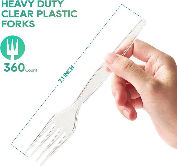 FOCUSLINE 360 Count Clear Plastic Forks Heavy Duty, Solid and Durable Premium Disposable Forks Bulk, Suitable for Catering, Parties, Events and Everyday Use