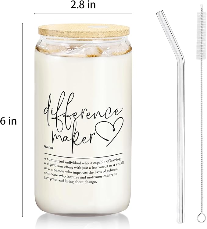 Difference Maker Glass Cup with Lids and Straws 14oz - Appreciation Gifts Thank You Gifts for Boss Leader Teacher Mentor Coach Manager Glass Coffee Tumbler Drinking Jars with Cleaning Brush