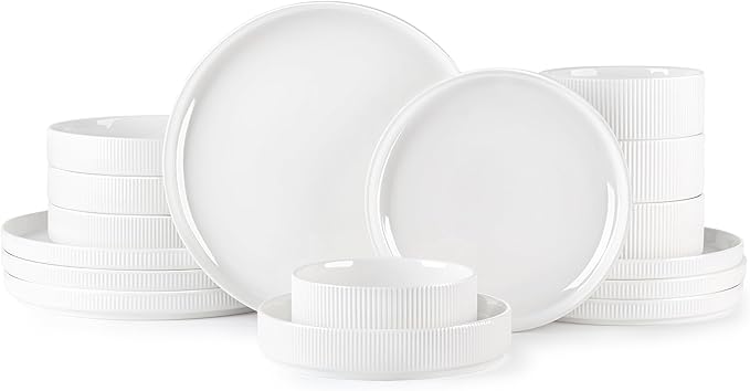 TheTerra Ceramic Dinnerware Sets with Pasta Bowls for 4, 16 Pieces Porcelain Lightweight Plates and Bowls Sets, Scratch Resistant Dish Set, Oven & Microwave & Dishwasher Safe, Bright White