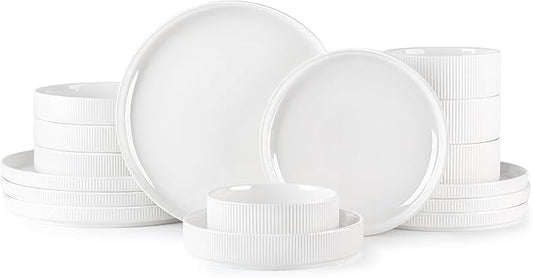 TheTerra Ceramic Dinnerware Sets with Pasta Bowls for 4, 16 Pieces Porcelain Lightweight Plates and Bowls Sets, Scratch Resistant Dish Set, Oven & Microwave & Dishwasher Safe, Bright White