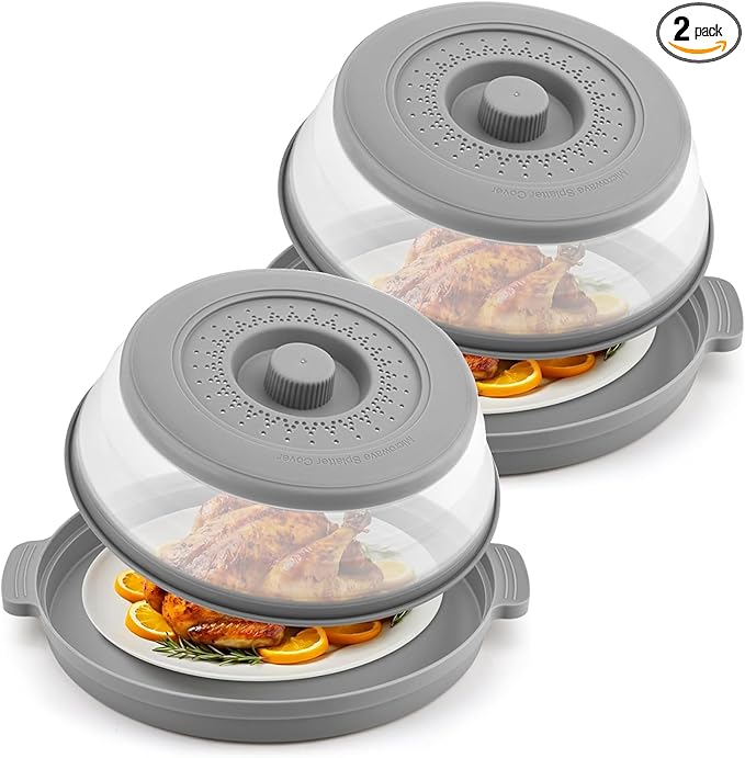 2 Pack Microwave Splatter Cover for Food with Anti-scald Base Plate,Large Plastic & Silicone Vented Avoid Scalding Collapsible Guard Lid,Kitchen Essential Gadgets for Meal Prep-10.7 Inch