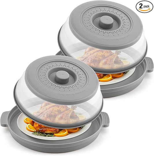 2 Pack Microwave Splatter Cover for Food with Anti-scald Base Plate,Large Plastic & Silicone Vented Avoid Scalding Collapsible Guard Lid,Kitchen Essential Gadgets for Meal Prep-10.7 Inch