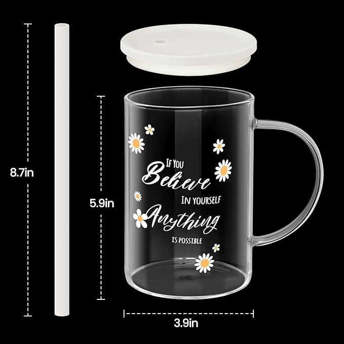 NiHome 33oz Large Clear Glass Cup with Handle, Silicone Lid & Straw, Wide Mouth Glass Coffee Mug for Hot and Cold Drinks, Glass Tumbler Set with Decorative Daisy Pattern for Coffee/Beer/Milk/Tea/Water