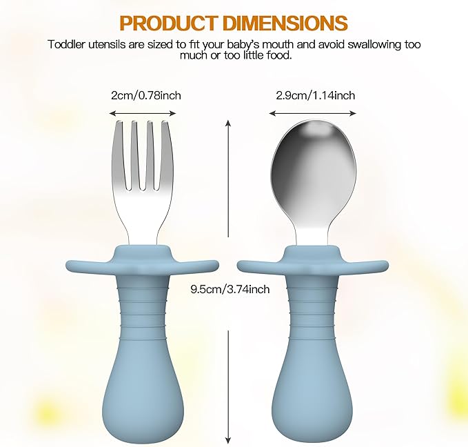 2 Pieces Toddler Utensils Forks and spoons set, Stainless Steel Childrens Silverware for Safe flatware Metal Kids Cutlery set with Round Handle, BPA Free, Anti-Choke Design (Lite Blue)