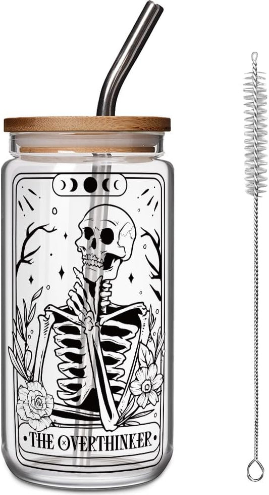 FALJIOK The Overthinker Tarot Card Glass Cup w/Lid Straw 16OZ, Gothic Goth Skull Gifts, Spooky Skeleton Glass Gift for Halloween, Witchy Gifts for Women Tarot Lovers