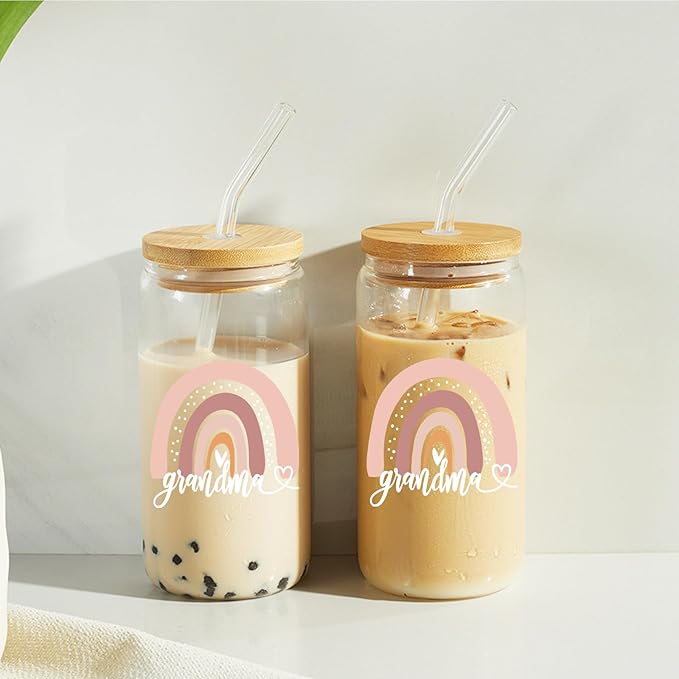 Grandma Glass Cups with Lids and Straws, Glasses Drinking Set, Mother's Day, Birthday, Christmas Gifts for Grandma or Mom, 16 Oz