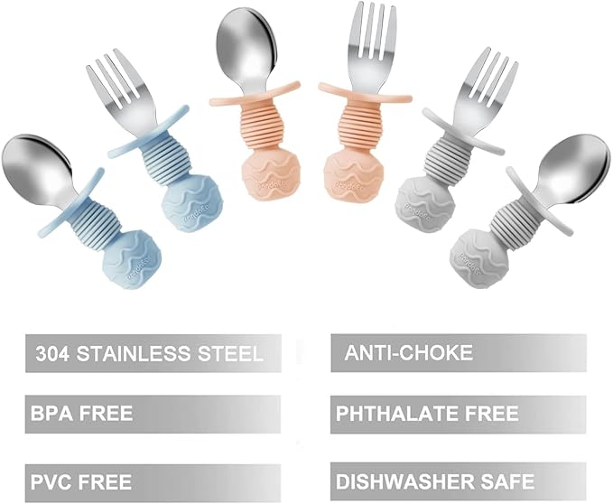 PandaEar 6 Pack Stainless Steel Toddler Spoons and Fork Feeding Set - Anti-Choke First Self Feeding Utensils for Kids Baby Boys Led Weaning Ages 18 Months+ (Blue/Grey/Peach)