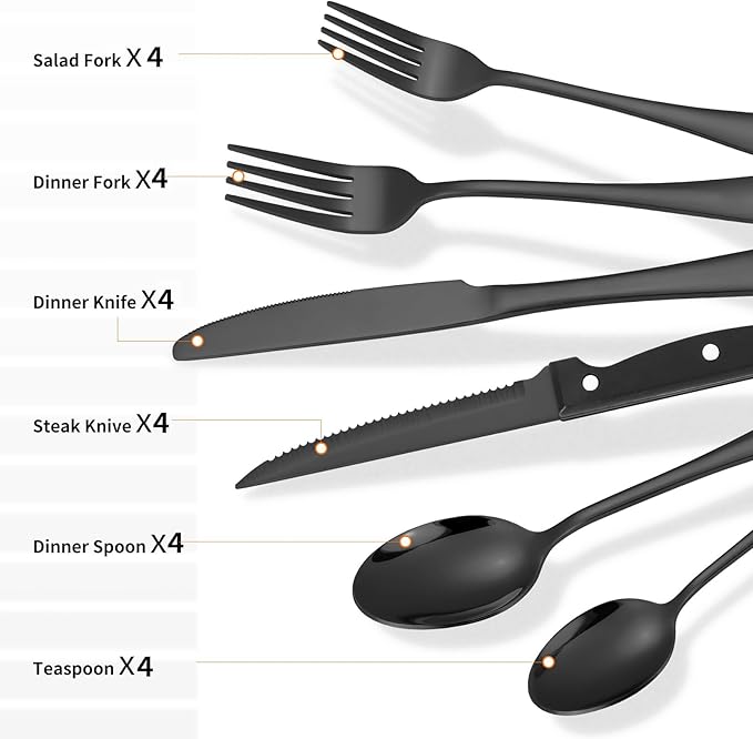 24-Piece Black Silverware Set with Steak Knives Black Stainless Steel Flatware Set for 4 Food Grade Tableware Cutlery Set Rust-proof, Mirror Polished, Dishwasher Safe