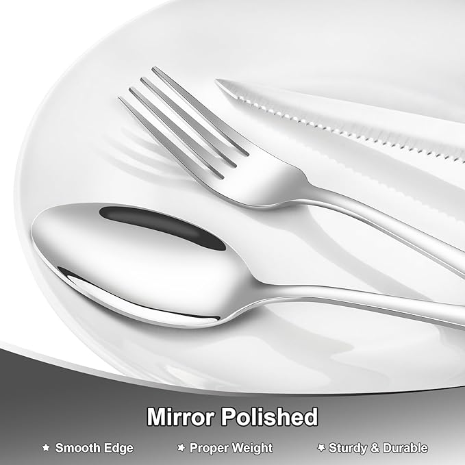 61Pcs Silverware Set with Organizer, Silver Stainless Steel Flatware Set for 10 Cutlery Utensil Sets with Steak Knives, Spoons and Forks Set, Dishwasher Safe