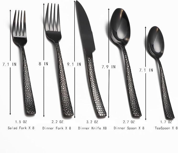 Black Hammered Silverware Set, 40 Piece Stainless Steel Flatware Set for 8, Food-Grade Tableware Cutlery Set for Home Restaurant, Mirror Polished, Dishwasher Safe