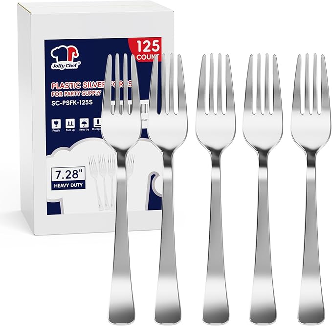 125 Count Silver Plastic Disposable Forks Heavy Duty, 7.28 Inch Heat Resistant Durable Silver Dinner Forks for Parties, Wedding, Daily Events