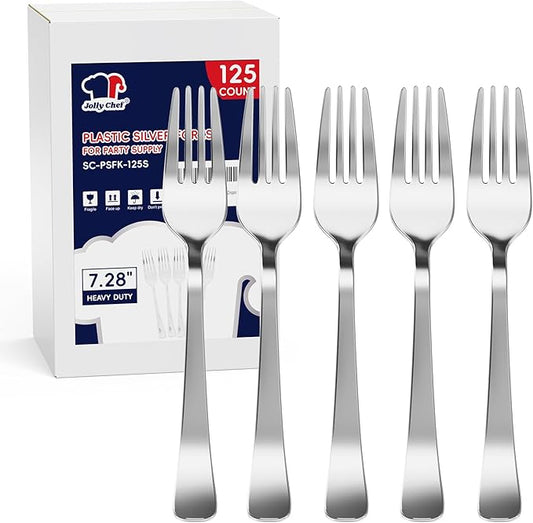125 Count Silver Plastic Disposable Forks Heavy Duty, 7.28 Inch Heat Resistant Durable Silver Dinner Forks for Parties, Wedding, Daily Events