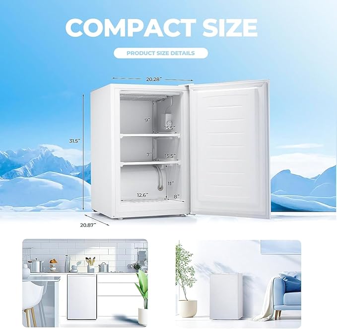 3.0 Cu.ft Upright Freezer, Small Mini Freezer with Adjustable Thermostat, Removable Shelves, Reversible Single Door, for Bedroom/Home/Dorms/Apartment, White